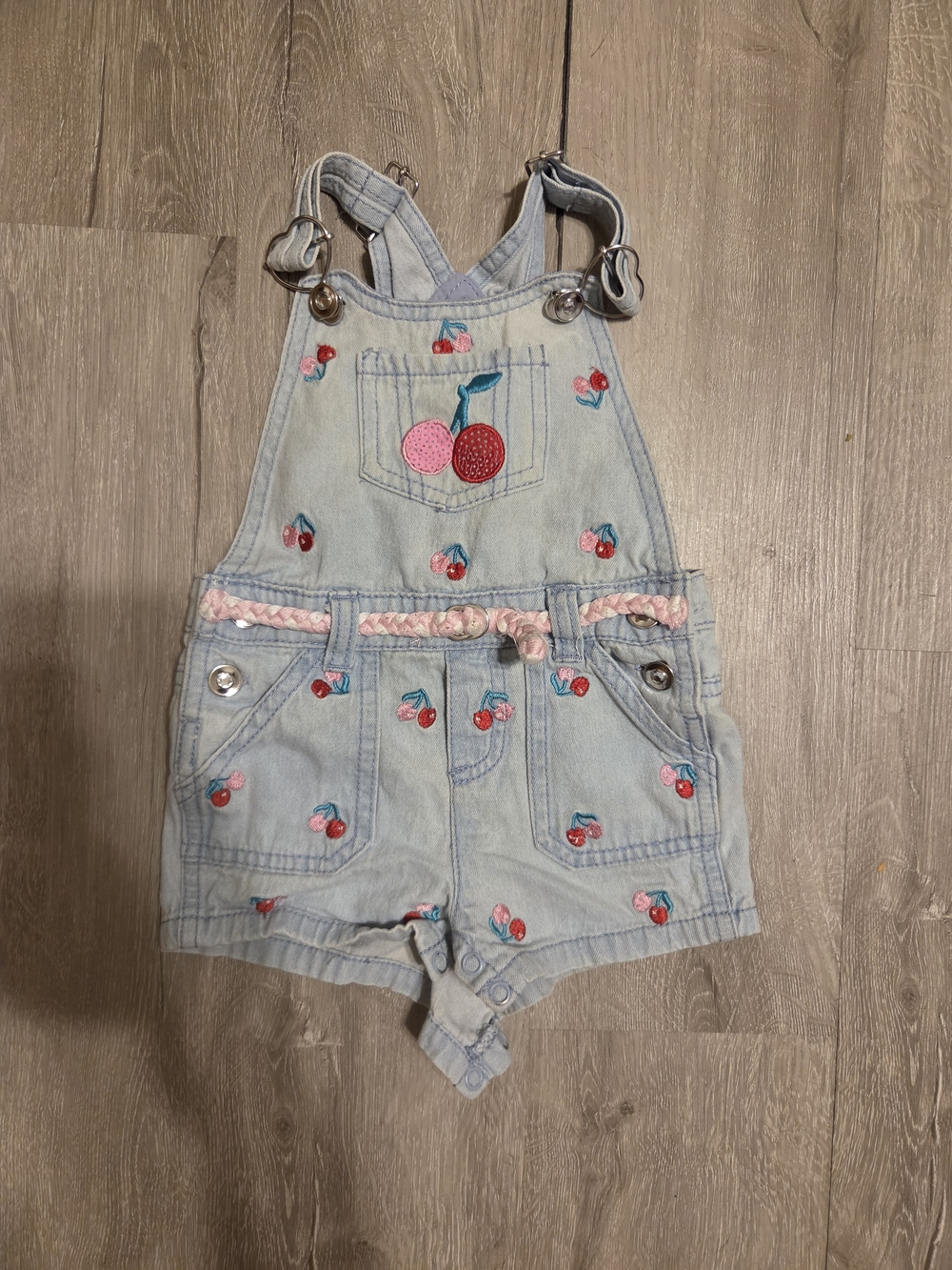 Light Wash Denim Cherry Shortalls with Pink Braided Waist - Kids